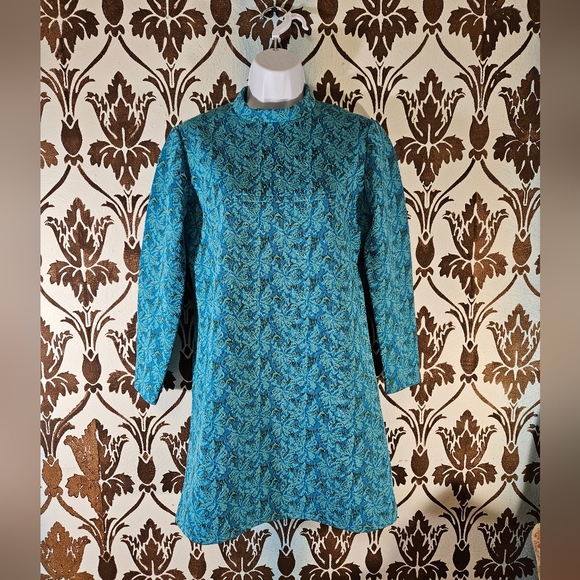 Vintage Dresses & Skirts - UNBRANDED 60s-70s Mod Mini Gogo Aqua Blue Floral Women's Shift Dress